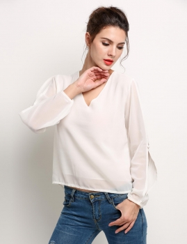 

White Loose V Neck Long Split Sleeve Solid Irregular Tops, Multicolor