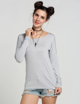 

Gray Stylish Lady Women Casual Sexy Round Neck Long Batwing Sleeve Backless Stretch Solid Tops, Multicolor
