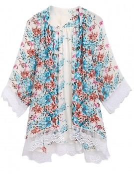 

White New Lady Women's Fashion Floral Print Loose Long Chiffon Cardigan Top Blouse Coats Jackets Suits & Blazers, Multicolor
