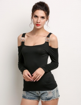 

Black Women Solid Off the Shoulder Long Sleeve Slim Blouse Shirt Casual Tops, Multicolor