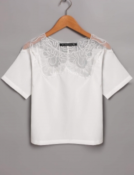 

White Stylish Ladies Women Round Neck Net Yarn Patchwork Casual Blouse Tank Crop Tops, Multicolor