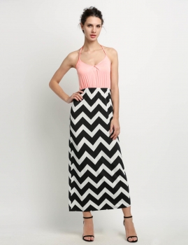 

Orange New Stylish Lady Women's Sleeveless Halter Striped Beach Party Maxi Long Casual Dresses, Multicolor