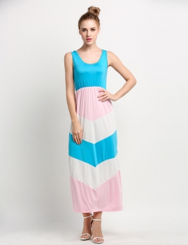 

Blue New Stylish Lady Women's Sleeveless O-neck Patchwork Beach Party Maxi Long Casual Dresses, Multicolor