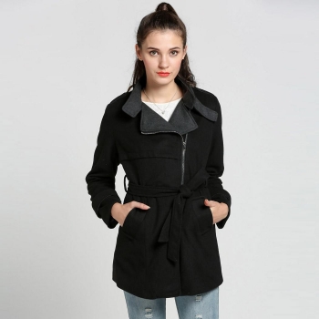 

Black Casual Solid Wool Blend Long Coat With Belt, Multicolor