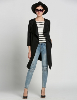 

Black 3"4 Sleeve V-neck Front pockets Long Coat, Multicolor