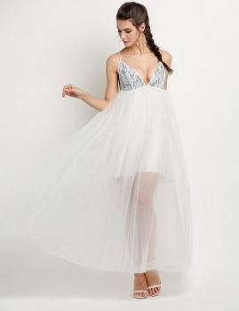 

White Sexy Women Strap V Neck Full Gown Maxi Long Brides & Bridesmaid Party Dresses, Multicolor