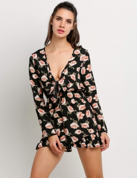 

Black Long Sleeve V Neck Floral Mini Short Romper, Multicolor