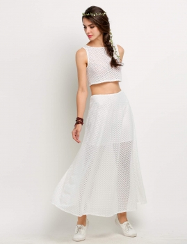 

White Sexy Women Lace Crop Top Maxi Long Skirt Set Jumpsuits & Rompers, Multicolor
