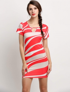 

Red Women Round Neck Striped Keyhole Pencil Casual Dresses, Multicolor