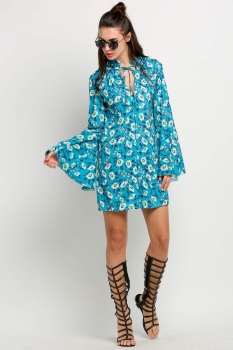 

Green Retro Women Long Flare Sleeve Floral Mini Shift Casual Dresses, Multicolor