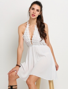 

White Sexy Women Halter Deep V-Neck Backless Applique A-Line Going Out Dresses, Multicolor