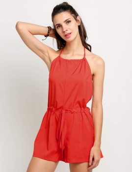 

Red Halter Backless Drawsring Waist Solid Sleeveless Rompers