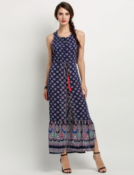 

Women Sleeveless Backless Drawsting Waist Slit Print Long Maxi Dress, Multicolor