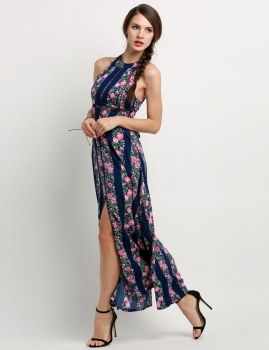 

Blue Halter Backless Floral Elastic Waist Casual Dress, Multicolor