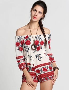 

Red Off Shoulder 3"4 Sleeve Floral Drawstring Waist Romper, Multicolor