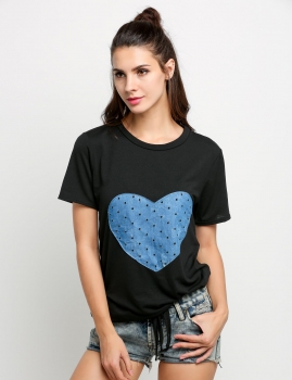 

Black Women Short Sleeve Heart Design Tank Tops T-Shirts, Multicolor