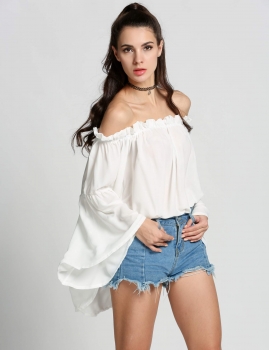 

White Bell Sleeve Off the Shoulder Solid Loose Tops, Multicolor