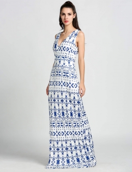 

Sexy Women Deep V-Neck Sleeveless Print Bodycon Long Maxi Dress, Multicolor