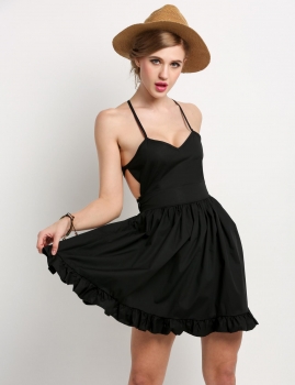 

Black Backless Cross Strap Ruffles Hem Going Out Dress, Multicolor