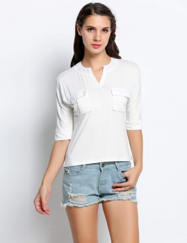 

White Short-sleeve V-neck Cotton Basic T-shirt, Multicolor