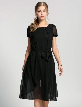 

Black Short Sleeve Solid Belted Casual Dress, Multicolor