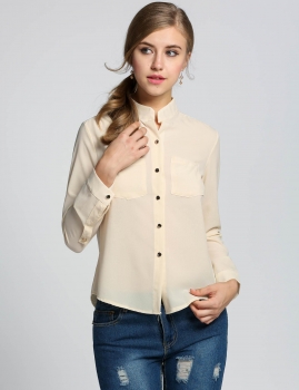 

Apricot Chiffon Officer OL Long Sleeve Button Pocket Shirts, Multicolor