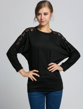 

Black Loose Batwing Long Sleeve Dolman Lace Hollow Out Sexy Tops, Multicolor