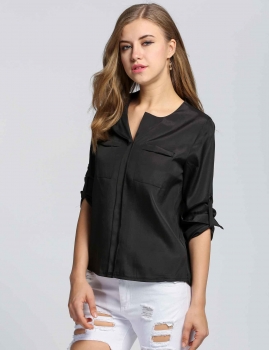 

Black Chiffon Long Sleeve Solid Split V Neck Pocket Fit Blouses, Multicolor