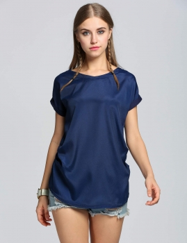

Dark blue Solid V-neck Short Sleeve Big Size Loose Blouses, Multicolor