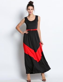 

Black Sleeveless Vtestidos Belted Maxi Dress, Multicolor