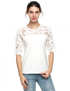 

White Women's Lace Sleeve Splicing Chiffon Casual Tops Blouse T-Shirts, Multicolor