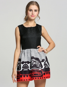 

Black Round Neck Sleeveless Vest Bottoming Flower Print Party Dress, Multicolor