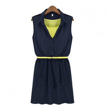

Blue New With Belt Fashion Summer Spring Casual Women Chiffon Dress Lapel Sleeveless Office Lady Mini Shirts & Blouses Tunics, Multicolor