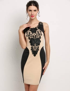 

Nude Sexy Floral Lace Contrast Cocktail Evening Bodycon Party Dress, Multicolor