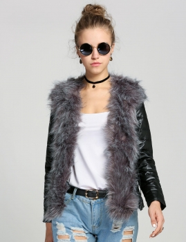 

Black Faux Fur Leather Long Sleeve Warm Coat, Multicolor
