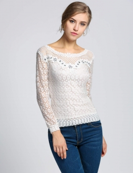 

White Lace Fashion Print Long Sleeve Sweatshirt, Multicolor