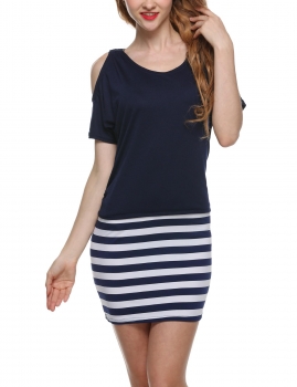 

Navy blue Stripe Short Sleeve Cold Shoulder Bodycon Dress, Multicolor
