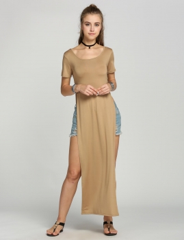 

Khaki Solid Round Neck Celebrity Side Slits Long Maxi T-Shirts, Multicolor