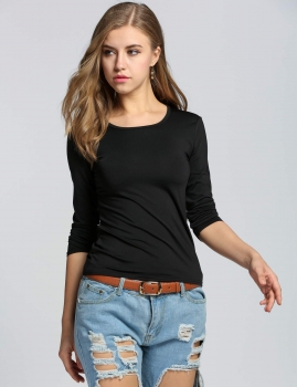 

Black Cotton Crew Neck Pullover Slim Long Sleeve T-shirt, Multicolor