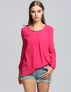 

Rose red Pleated Loose Fit Long Sleeve Crew Neck Chiffon Blouses, Multicolor