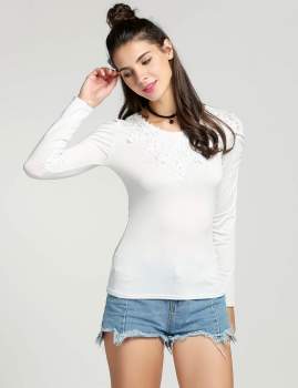 

White Autumn Spring Casual Lace Cute Elegant Long Sleeve T-Shirts, Multicolor