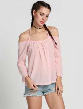 

Pink Cold Shoulder Backless Loose Long Sleeve Solid Chiffon Tops, Multicolor