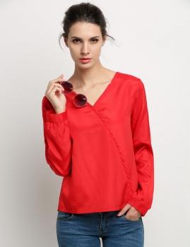 

Red Women's Sexy V-neck Long-sleeved Solid Casual Tops T-shirt Tee Shirts & Blouses, Multicolor