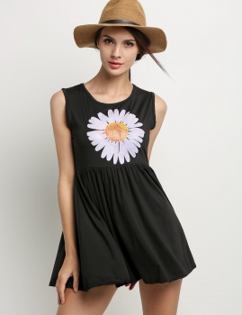 

Black Stylish Lady Women Sweet Print Floral Sleeveless O-Neck Sundress Waisted Stretch Above Knee Party Casual Dresses, Multicolor