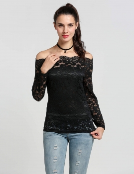 

Black Sexy Women Lace Crochet Off the Shoulder Slash Neck Slim Blouse Long Sleeve Hollow Out Tank Casual Tops, Multicolor