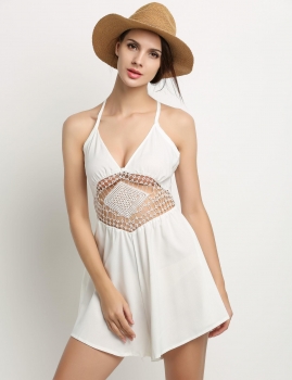

White Sleeveless Backless Spaghetti Strap Cut-out Solid Rompers, Multicolor