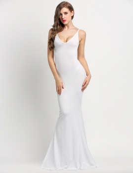

White Women Fashion Sexy Neck Backless Strap Mermaid Trumpet Style Solid Party Maxi Long Evening Dresses, Multicolor