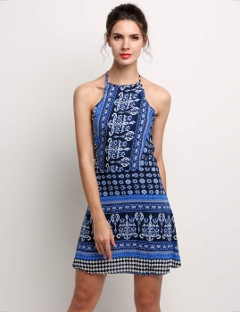 

Blue New Stylish Lady Women's Fashion Sleeveless Sexy Backless Print Casual Dresses, Multicolor