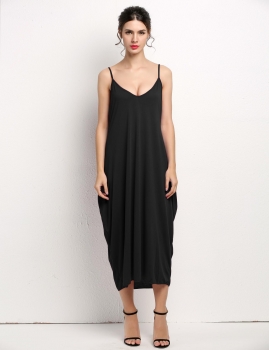 

Black Sexy Ladies Women Solid V Neckline Low Back All In One Spaghetti Strap Beach Long Maxi Casual Dresses, Multicolor