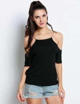 

Black Stylish Cold Shoulder Short Sleeve Chain Decoration Solid Top, Multicolor